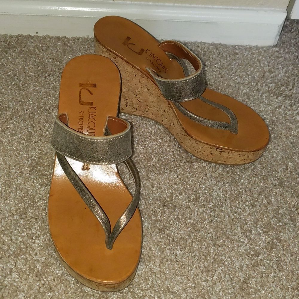 K Jacques St Tropez Cork Wedge Heel Sandals France 37